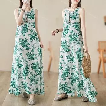 Летнее длинное платье с широкими рукавами и круглым вырезом, напечатанное платье для женщин, повседневные платья M