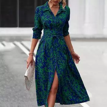 Летнее длинное рукава с высокой талией и разрезом сексуальное платье для женщин мода новый принт элегантный винтажный А-силуэт женские повседневные платья с отворотом свободное длинное платье для вечеринок 25192 S