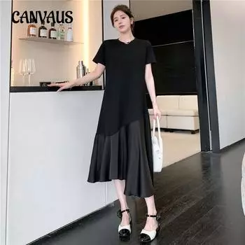 Летнее длинное свободное женское платье больших размеров, платье с рыбьим хвостом, большие качели, платья с коротким рукавом L чёрный