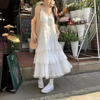 Летнее длинное винтажное повседневное платье с оборками, элегантное длинное платье на бретельках, шелковистое пляжное кружевное элегантное вечернее платье, платья для женщин XL белый