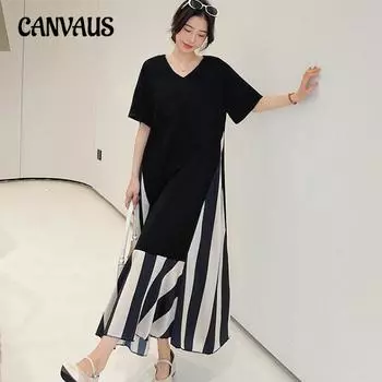 Летнее длинное женское платье больших размеров в полоску с v-образным вырезом и короткими рукавами L чёрный