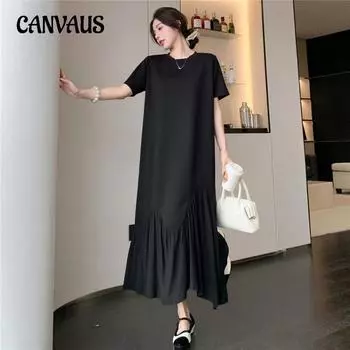 Летнее длинное женское платье больших размеров, свободные платья с нестандартным темпераментом L чёрный