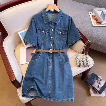 Летнее джинсовое платье А-силуэта в стиле ретро, скрывающее живот и стройнящее талию, с коротким рукавом M (106-122 cm) темно-синий