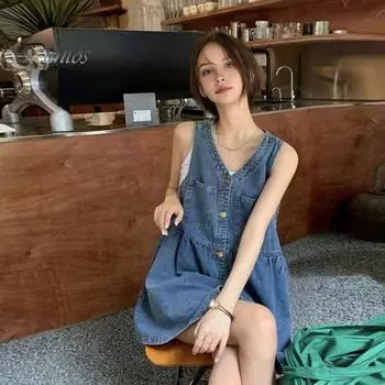 Летнее джинсовое платье с V-образным вырезом А-силуэта, большой подол, однотонные карманы без рукавов, однобортный кардиган, плиссированное лоскутное мини-платье, повседневная одежда, короткое для вечеринки S синий