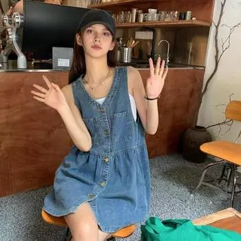 Летнее джинсовое платье трапециевидной формы с большими цветными карманами по краю, без рукавов, однотонный с v-образным вырезом, однобортный кардиган, плиссированный мини-пэчворк S синий