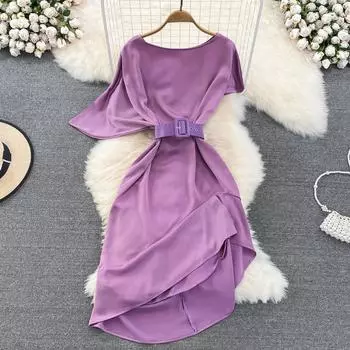 Летнее европейское и американское темпераментное модное платье с круглым вырезом и рукавами «летучая мышь» на талии, тонкое платье трапециевидной формы с рюшами