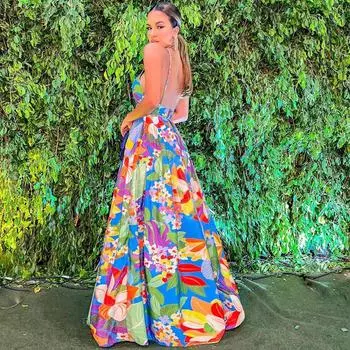 Летнее европейское и американское женское праздничное платье-трапеция с открытыми плечами и принтом 2025 года M синий