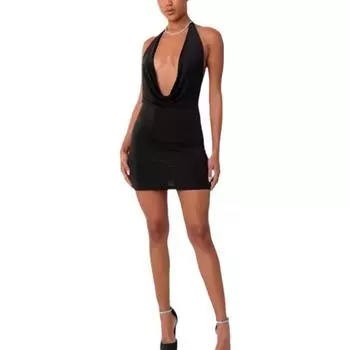 Летнее европейское и американское женское сексуальное платье с открытой спиной и персонализированным подвесным воротником и ягодицами S чёрный