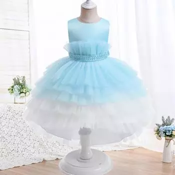 Летнее фатиновое платье принцессы со шлейфом для девочек, официальное белое платье для крещения, свадьбы, детские праздничные платья для девочек, платье подружки невесты для выпускного вечера, От 3 до 10 лет 110CM светло-синий