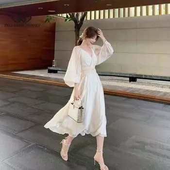 Летнее французское элегантное вечернее платье, женское повседневное платье феи миди с длинными рукавами, вечернее винтажное цельное платье S белый