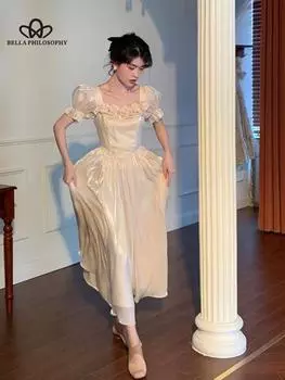 Летнее французское элегантное вечернее платье, женское праздничное пляжное платье миди с короткими рукавами, цельное платье, корейская мода S