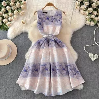 Летнее французское элегантное жаккардовое праздничное платье на день рождения с цветочным принтом, женское платье без рукавов с поясом, тонкий жилет, майка, платья миди размера плюс S розовый