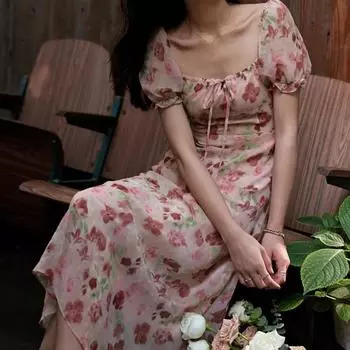 Летнее французское чайное перерыв с цветочным принтом, юбка трапециевидной формы с рукавами-пузырьками, женское тонкое платье с тонкой талией M