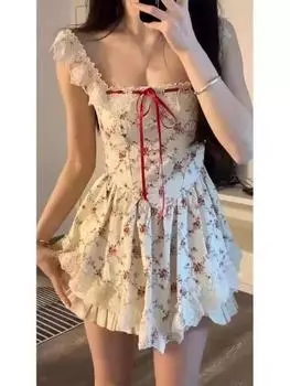 Летнее французское платье феи с цветочным рисунком, женское лоскутное кружевное трапециевидное платье Kawaii Fresses, женское милое модное плиссированное вечернее мини-платье 2024 L белый