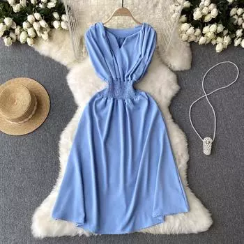 Летнее французское узкое платье феи с нишей и талией, большое распашное платье А-силуэта длиной до колена One Size синий