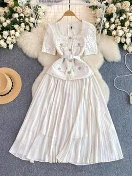 Летнее французское винтажное элегантное длинное платье для женщин, новый дизайн, воротник-стойка, шикарные платья, однобортные, модные, однотонные, облегающие платья S бежевый