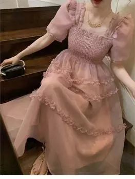 Летнее французское винтажное шифоновое платье с квадратным воротником и пышными рукавами, трапециевидное платье принцессы, корейское элегантное модное платье для женщин S розовый