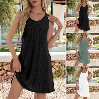 Летнее гавайское платье с карманами, круглым вырезом, А-силуэта, свободного покроя, без рукавов, с разрезом по низу, повседневное пляжное мини-платье L чёрный