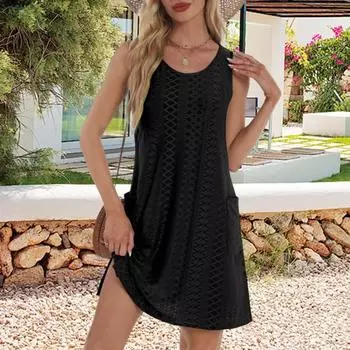 Летнее гавайское платье Yousheng с карманами, круглым вырезом, А-силуэта, свободного покроя, без рукавов, с разрезом по низу, повседневное пляжное мини-платье S зелёный