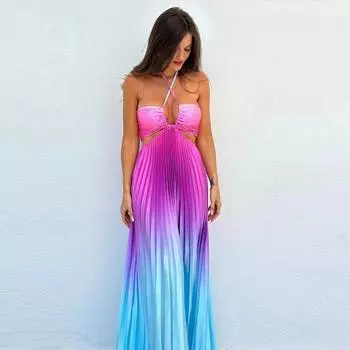 Летнее градиентное плиссированное женское платье с бретельками через шею без рукавов с открытой спиной, пляжный халат для отдыха L