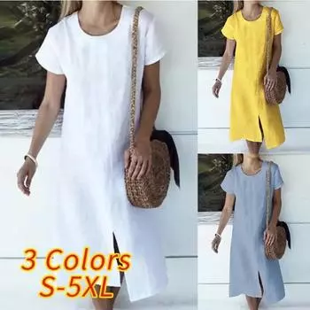 Летнее хит продаж, хлопковое льняное однотонное свободное платье с круглым вырезом и короткими рукавами для женщин S белый