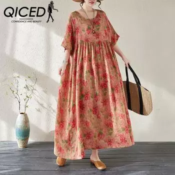 Летнее хлопково-льняное платье QICED, женская летняя длинная юбка, свободная воздушная юбка большого размера, женская, толстая, мм