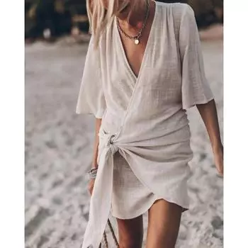 Летнее хлопково-льняное платье женское прозрачное с v-образным вырезом Короткие цельные платья на шнуровке черные элегантные повседневные праздничные пляжные платья XXL чёрный