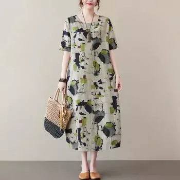 Летнее хлопковое и льняное принтованное художественное ретро платье с короткими рукавами Fat Mm до колена для женщин L серый