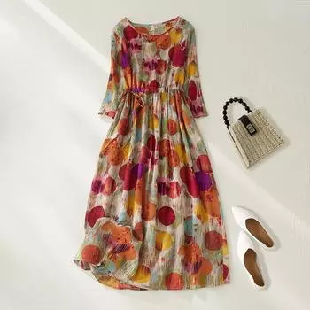 Летнее хлопковое конопляное художественное свободное печатное платье средней длины с пятью рукавами для женщин повседневные платья M красный