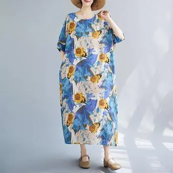 Летнее хлопковое конопляное художественное свободное платье с крупным принтом с коротким рукавом для женщин повседневные платья one size