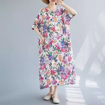 Летнее хлопковое конопляное художественное свободное платье с крупным принтом с коротким рукавом для женщин повседневные платья M
