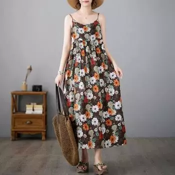 Летнее хлопковое конопляное художественное свободное удобное длинное пляжное платье без рукавов для женщин M белый