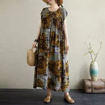 Летнее хлопковое конопляное печатное художественное свободное большое среднее длинное платье для женщин повседневные платья M жёлтый/серый