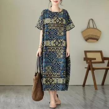 Летнее хлопковое конопляное платье в стиле ретро с обтягивающим верхом большого размера с коротким рукавом для женщин one size
