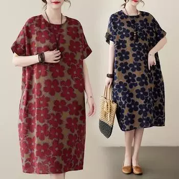 Летнее хлопковое конопляное ретро-цветочное платье длиной до колена с короткими рукавами для женщин повседневные платья M бордовый
