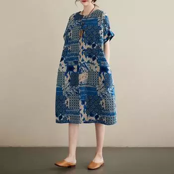 Летнее хлопковое конопляное ретро-художественное платье длиной до колена для женщин one size синий