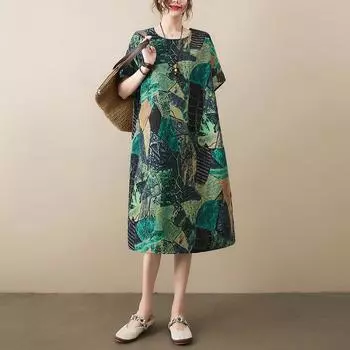 Летнее хлопковое конопляное ретро-платье свободного покроя с коротким рукавом длиной до колена для женщин one size зелёный