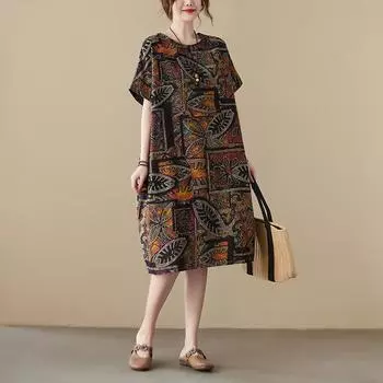 Летнее хлопковое конопляное ретро-платье свободного покроя с коротким рукавом длиной до колена для женщин one size