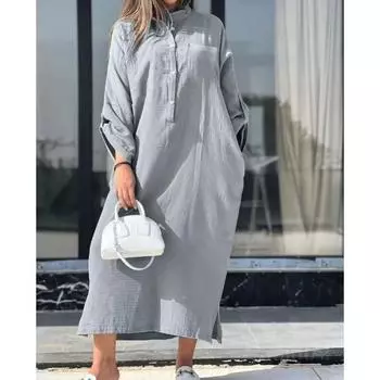 Летнее хлопковое льняное длинное платье с воротником-рубашкой и закрученными пуговицами, повседневные платья S оранжевый