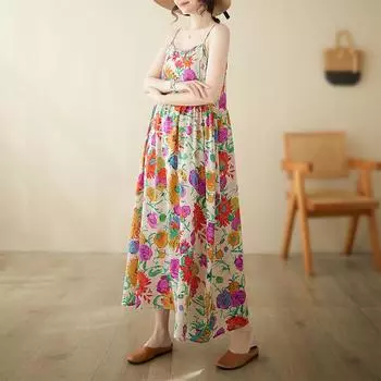 Летнее хлопковое льняное художественное ретро свободное милое платье без бретелек без рукавов А-силуэта с подтяжками повседневные платья M