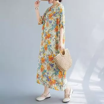 Летнее хлопковое льняное художественное свободное платье с круглым вырезом и короткими рукавами для женщин one size жёлтый