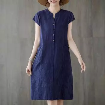 Летнее хлопковое льняное художественное свободное платье больших размеров для похудения средней длины для женщин M небесно-голубой