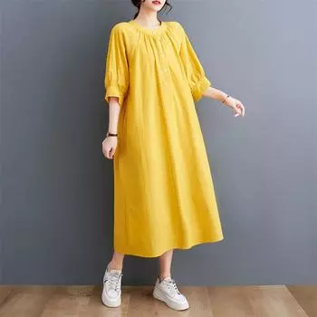 Летнее хлопковое льняное художественное свободное ретро слегка пухлое платье Mm Plus Size, прикрывающее живот, утягивающее платье для женщин M чёрный