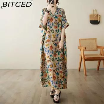 Летнее хлопковое льняное платье большого размера с v-образным вырезом, пляжное платье в литературном праздничном стиле, длинный женский халат в стиле ретро
