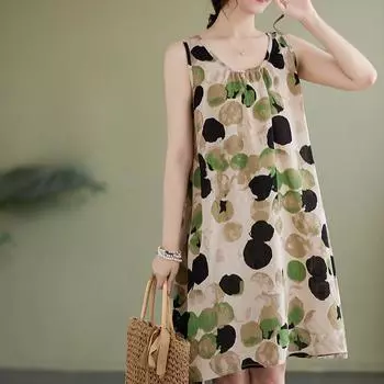 Летнее хлопковое льняное платье большого размера свободного кроя без рукавов с круглым вырезом и принтом на подтяжках А-силуэта для женщин L синий