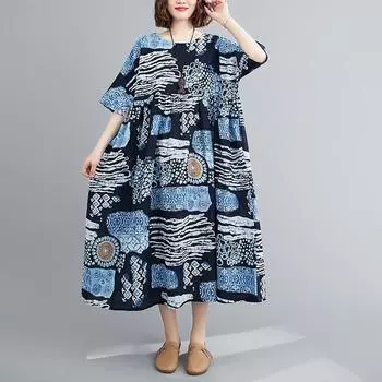 Летнее хлопковое льняное платье большого размера в стиле ретро, свободное, утягивающее, с короткими рукавами, большие качели, платье для женщин, повседневные платья M тёмно-синий