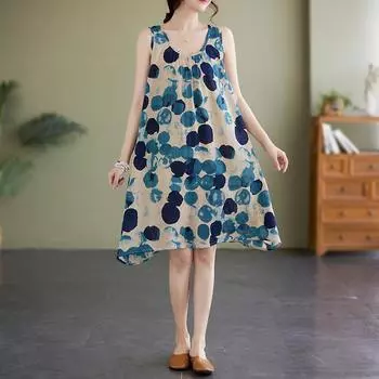 Летнее хлопковое льняное платье большого размера свободного кроя без рукавов с круглым вырезом и принтом на подтяжках А-силуэта для женщин L синий