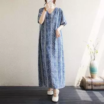 Летнее хлопковое льняное платье-халат в стиле ретро с V-образным вырезом и синими вертикальными полосками для женщин one size синий