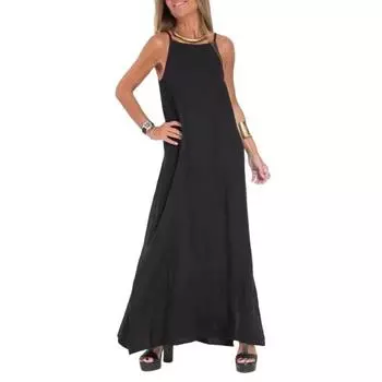 Летнее хлопковое льняное платье макси для женщин на тонких бретельках без рукавов длинное платье повседневный струящийся раздельный пляжный сарафан S чёрный