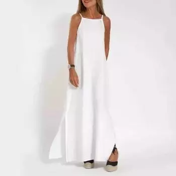 Летнее хлопковое льняное платье макси для женщин на тонких бретельках без рукавов длинное платье повседневный струящийся раздельный пляжный сарафан S армия зеленый